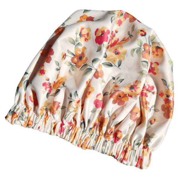 Boneta de par din satin - alb cu flori pastel 2 Boneta de par din satin - alb cu flori pastel 2